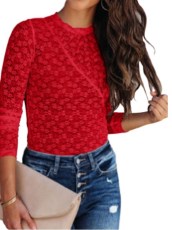 Aoudery Tops - Aoudery Sleeve Mesh Top Mock Neck Sheer Blouse See Through Red Top Sz M Women